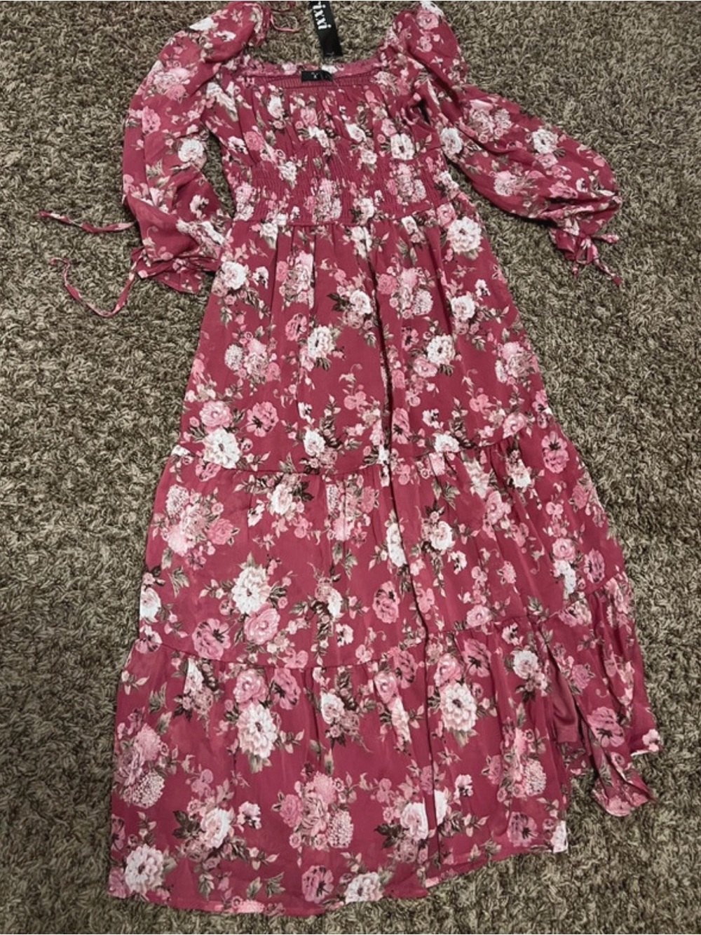 Trixxi Rose Pink Floral Maxi Dress with Smocked Bodice